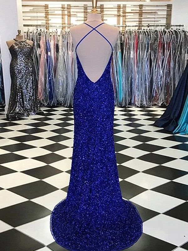 Wholesale Sheath/Column Velvet Sequins V-neck Sleeveless Sweep/Brush Train Dresses